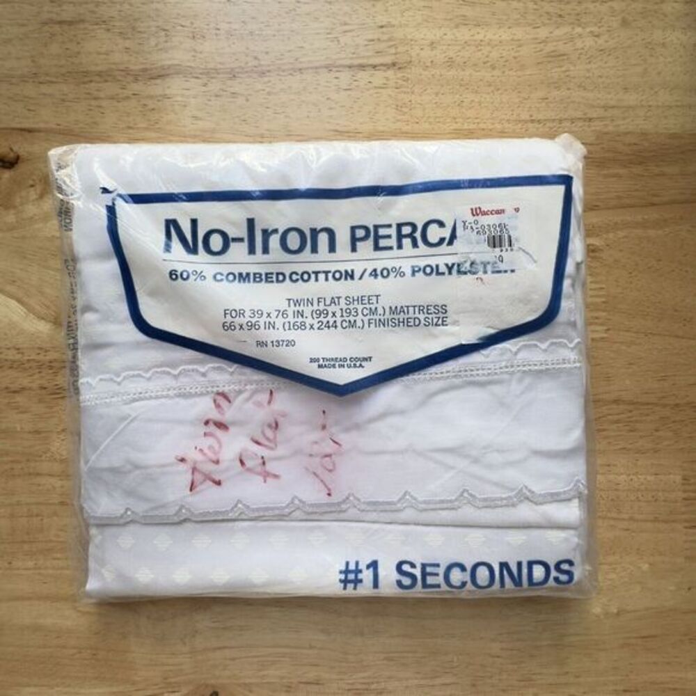 VTG No Iron Percale TWIN White‎ Diamond & Scalloped Trim Flat Sheet Waccamaw
